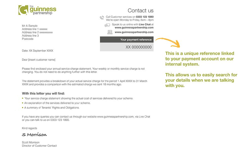 An example of a service charge letter displaying a payment reference number (PRN)